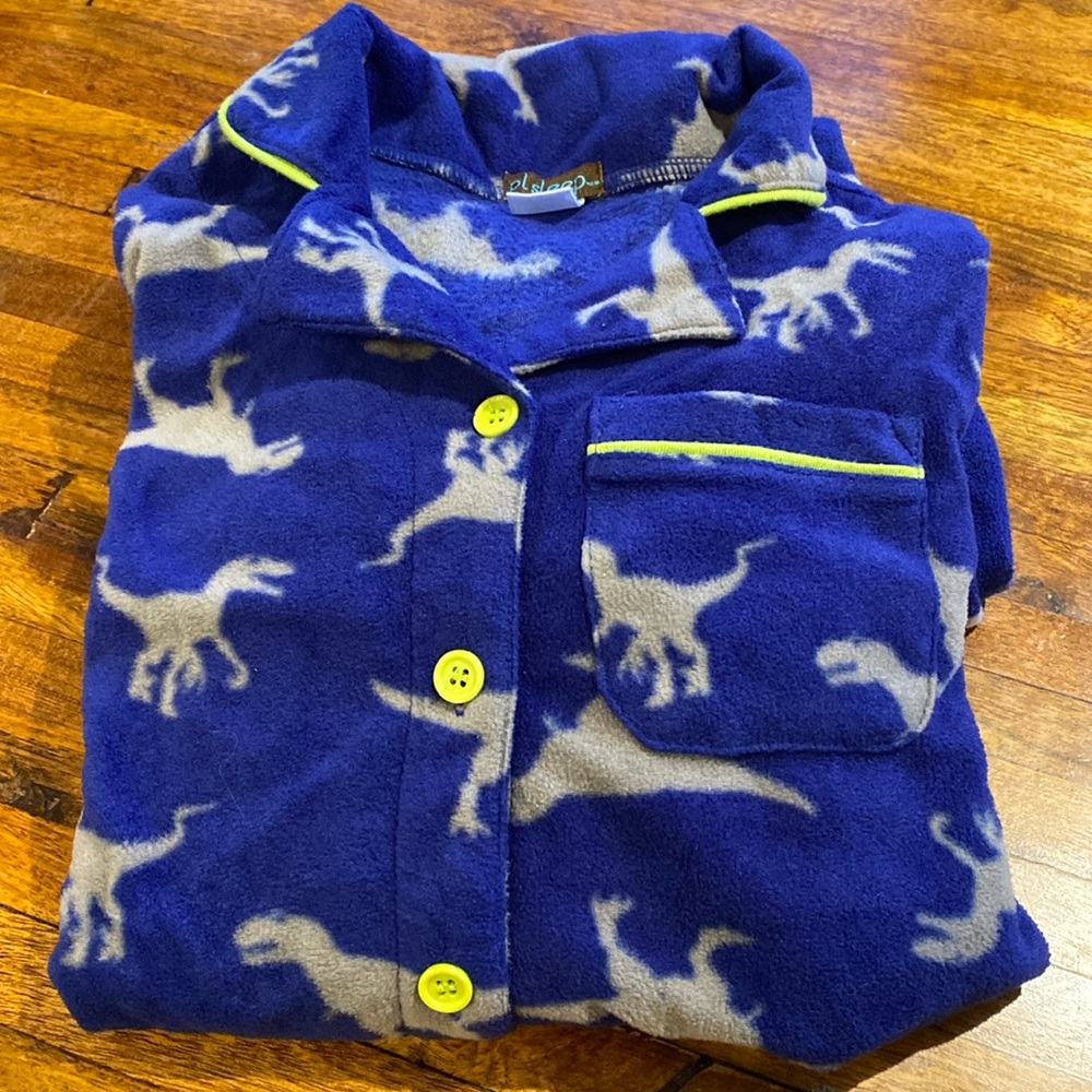 Dinosaur Pajama set blue with grey dinosaurs, yellow buttons and stitching